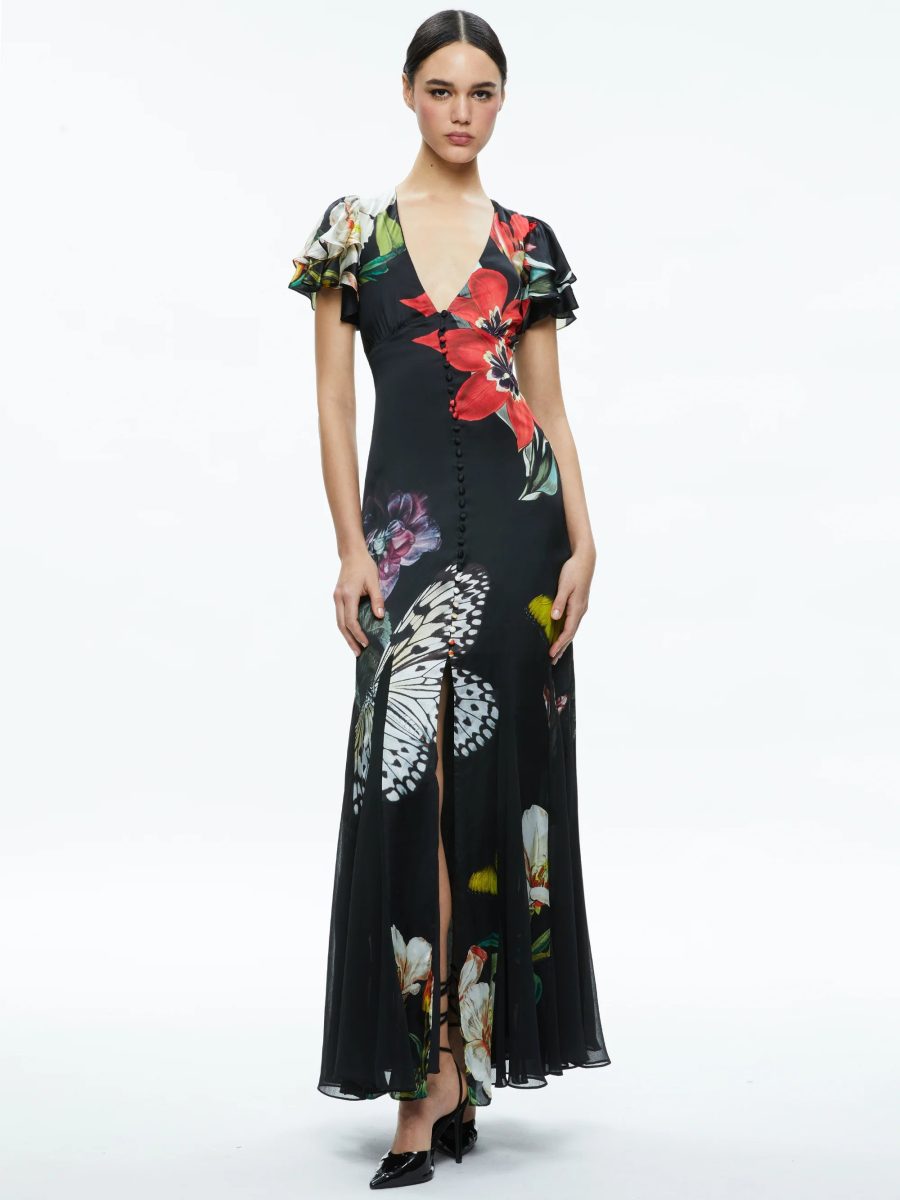 ALICE+OLIVIA FARA DEEP V-NECK FLUTTER SLEEVE MAXI DRESS 24123 - Image 2