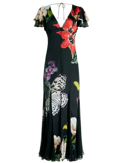 ALICE+OLIVIA FARA DEEP V-NECK FLUTTER SLEEVE MAXI DRESS 24123