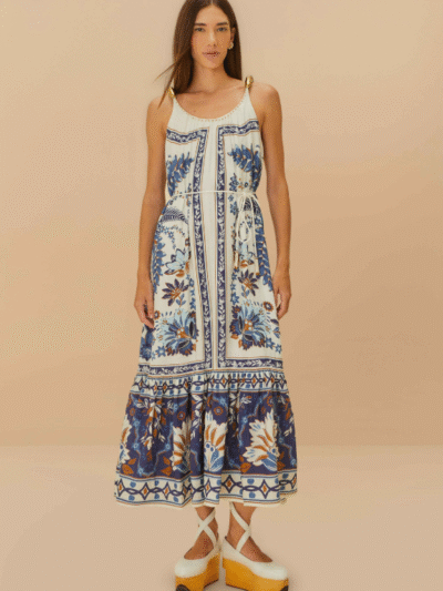 FARM RIO off-white ana tapestry fish strap maxi dress