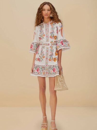 FARM RIO off-white delicate forest scarves organic cotton mini dress