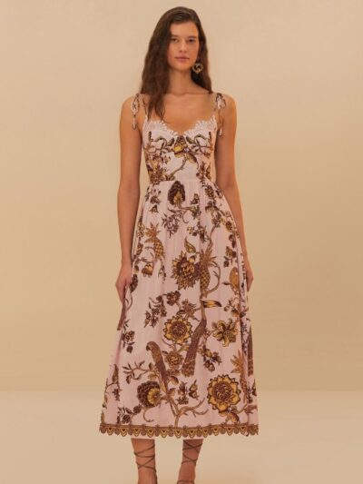 FARM RIO pink tropical landing lace midi dress