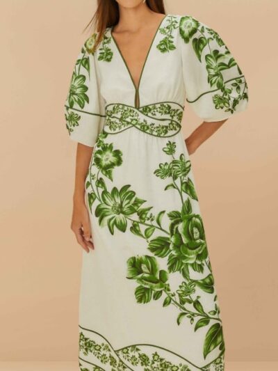 FARM RIO off-white green floral cascade lenzing™ ecovero™ euroflax™ midi dress