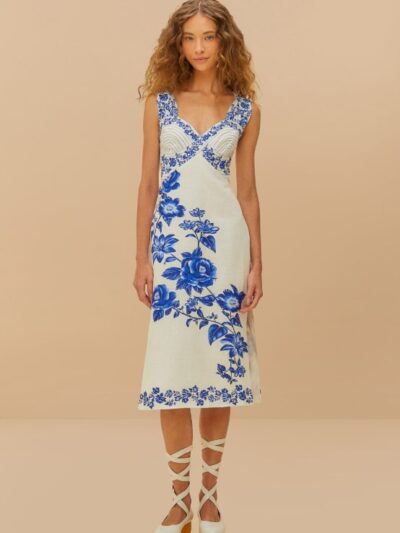FARM RIO off-white floral cascade wavy midi dress