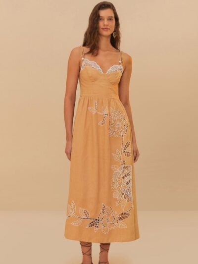 FARM RIO sand richelieu euroflax™ premium linen midi dress