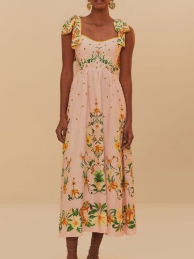 FARM RIO pink botanical beauty shoulder bow midi dress Regular price€290