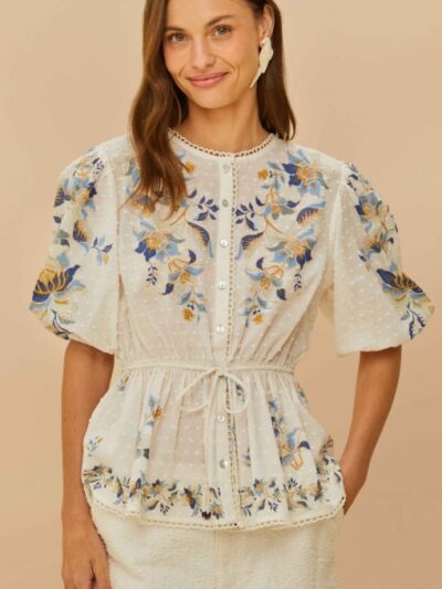 FARM RIO off-white mystic blue lotus dreamscape blouse