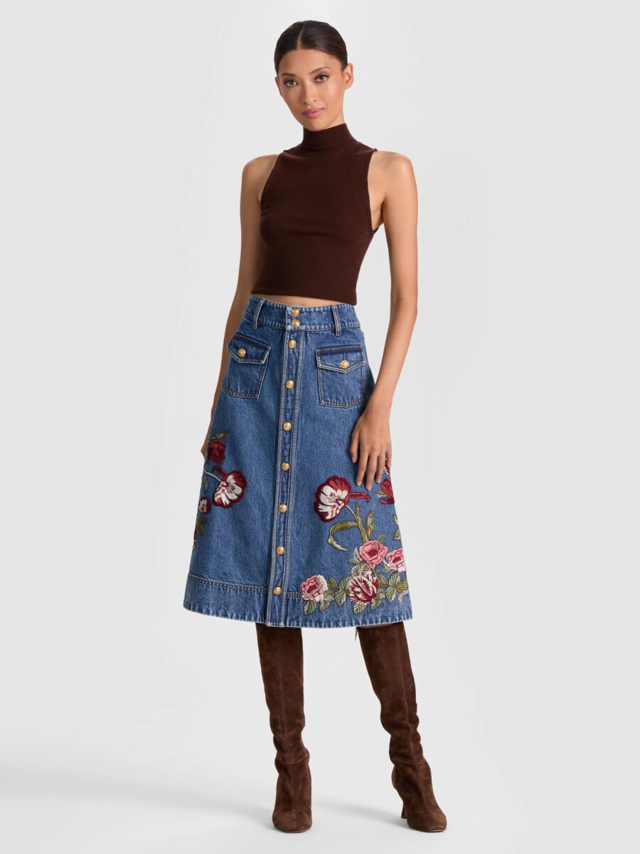 ALICE+OLIVIA DAHLIA EMBROIDERED DENIM SKIRT 26177 - Image 2
