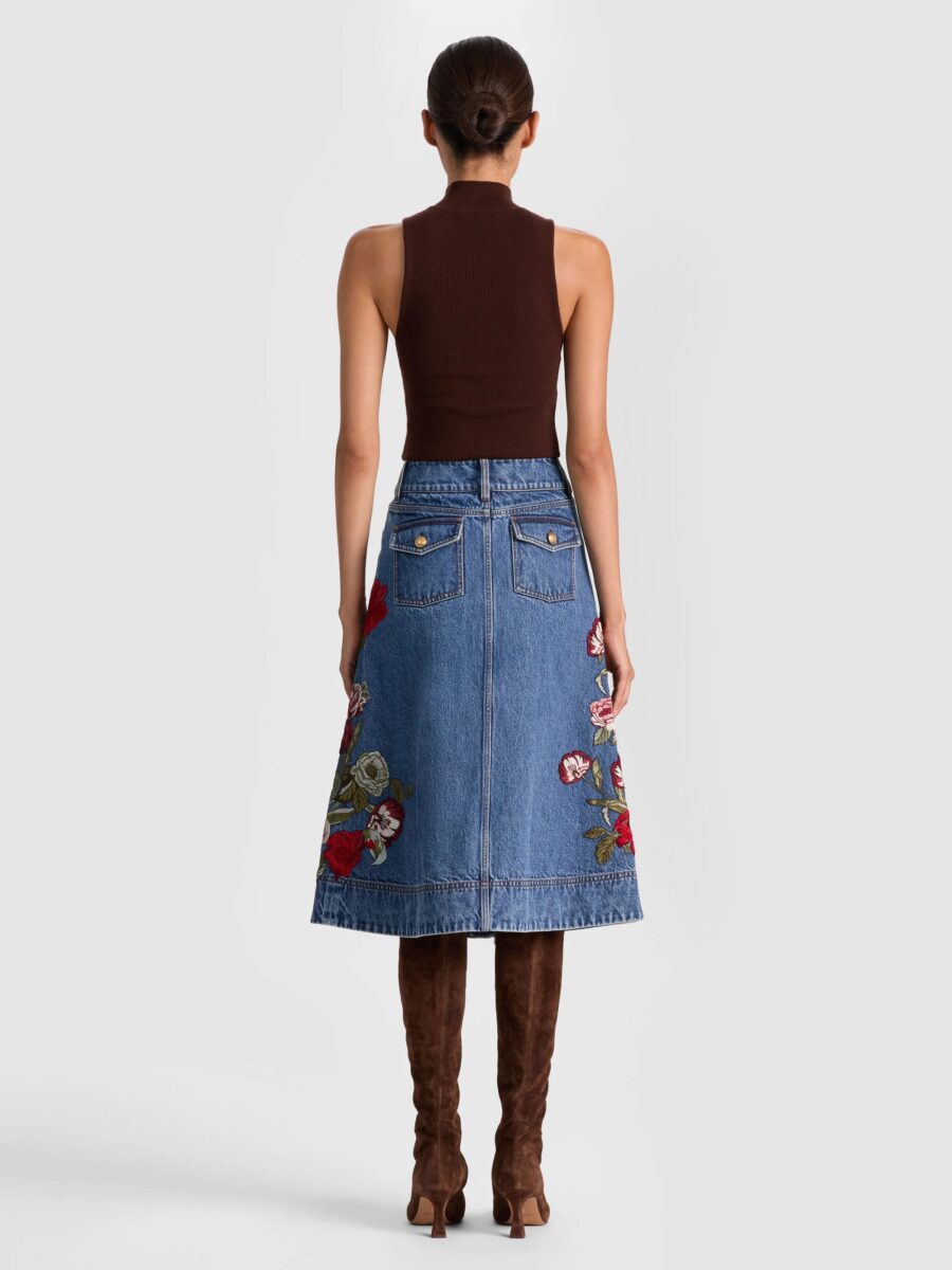 ALICE+OLIVIA DAHLIA EMBROIDERED DENIM SKIRT 26177 - Image 3