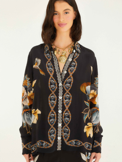 FARM RIO black floral snake pajama shirt 26252