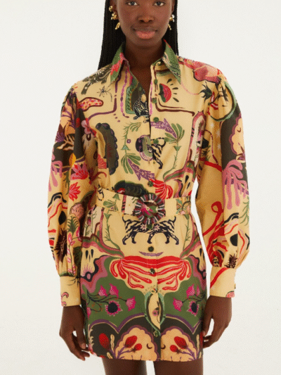 FARM RIO beige artsy surreal land beaded belt organic cotton mini dress