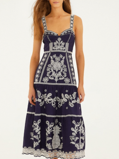 FARM RIO blue richelieu embroidered organic cotton midi dress