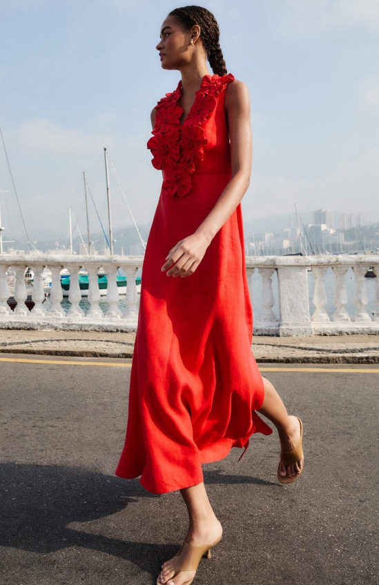 FARM RIO red 3d flower euroflax premium linen maxi dress - Image 4