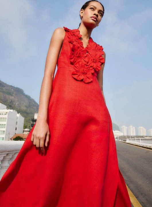 FARM RIO red 3d flower euroflax premium linen maxi dress - Image 3