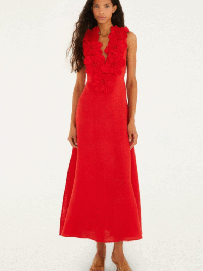 FARM RIO red 3d flower euroflax premium linen maxi dress