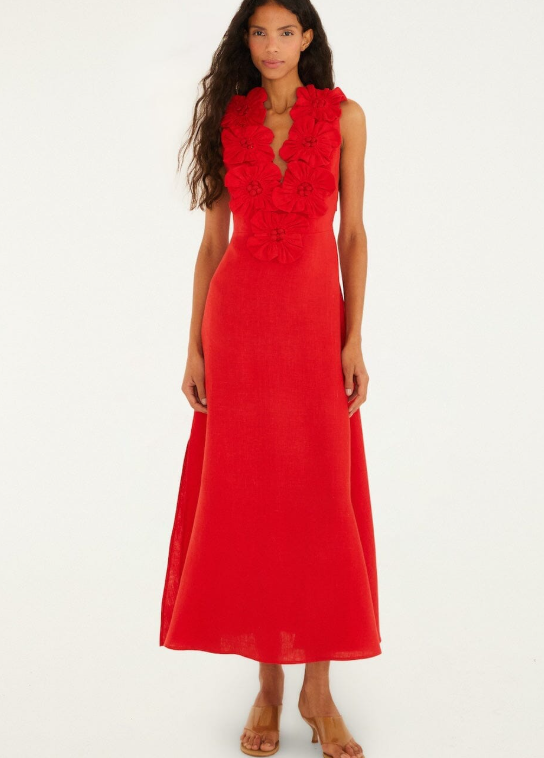 FARM RIO red 3d flower euroflax premium linen maxi dress