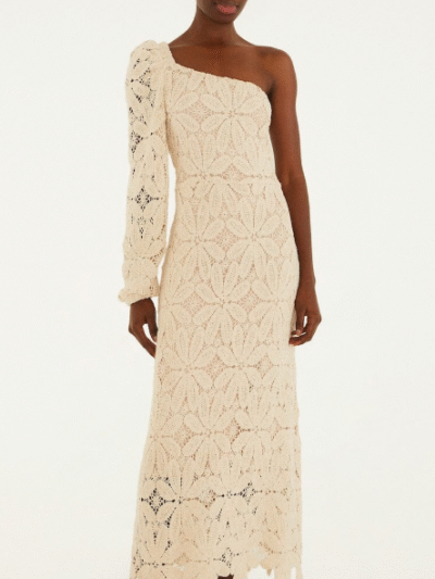 FARM RIO off-white one-shoulder crochet flower maxi dress