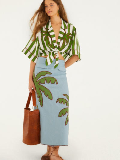 FARM RIO blue embroidered palm tree euroflax premium linen maxi skirt
