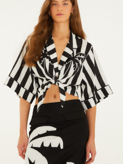 FARM RIO black spring stripes euroflax premium linen short sleeve crop top