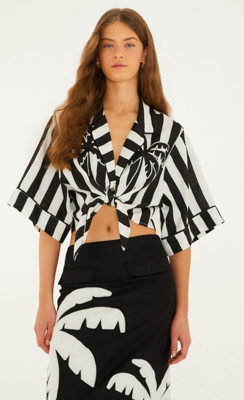 FARM RIO black spring stripes euroflax premium linen short sleeve crop top