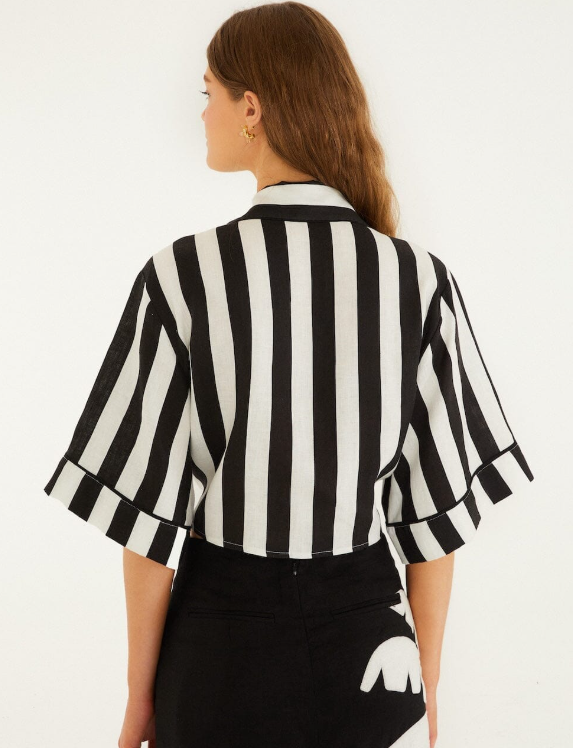 FARM RIO black spring stripes euroflax premium linen short sleeve crop top - Image 3