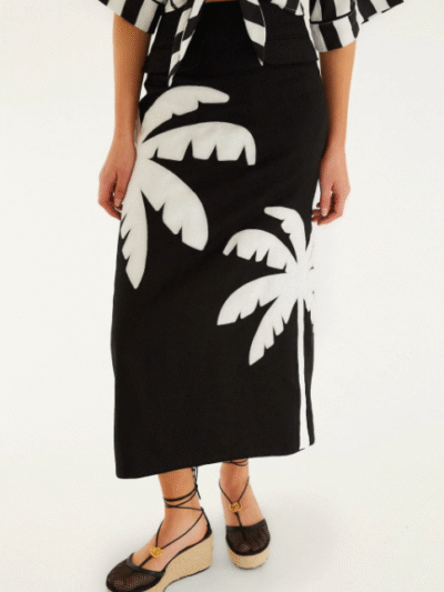 FARM RIO black embroidered palm tree euroflax premium linen maxi skirt