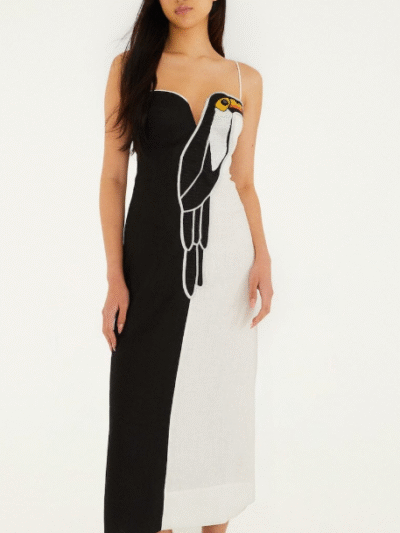 FARM RIO black and white embroidered toucan euroflax premium linen sleeveless maxi dress