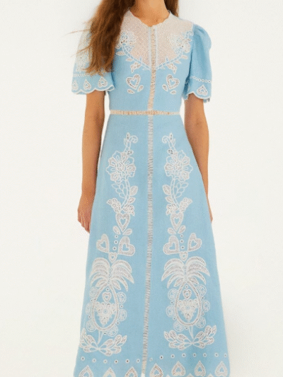 FARM RIO light blue embroidered euroflax premium linene midi dress