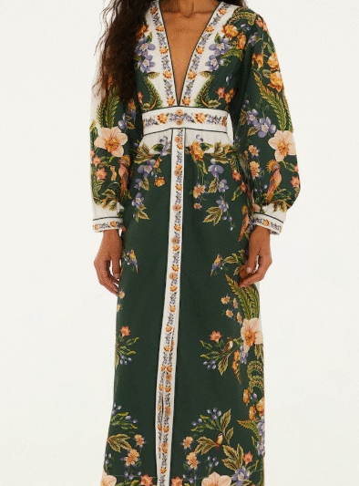 FARM RIO green nature v neck buttoned maxi dress